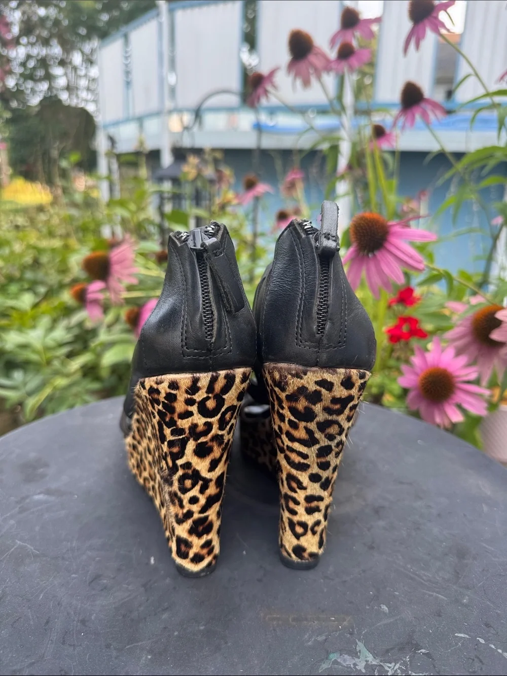 Black Leather Cutout Wedge Sandals with Leopard Print Platform
